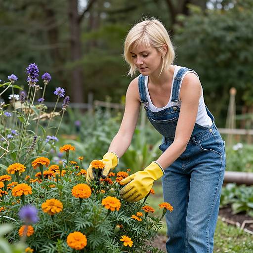 Photograph of a blonde woman with fair skin, wearing blue denim overalls, white shirt, and yellow gloves, tending orange marigolds in
