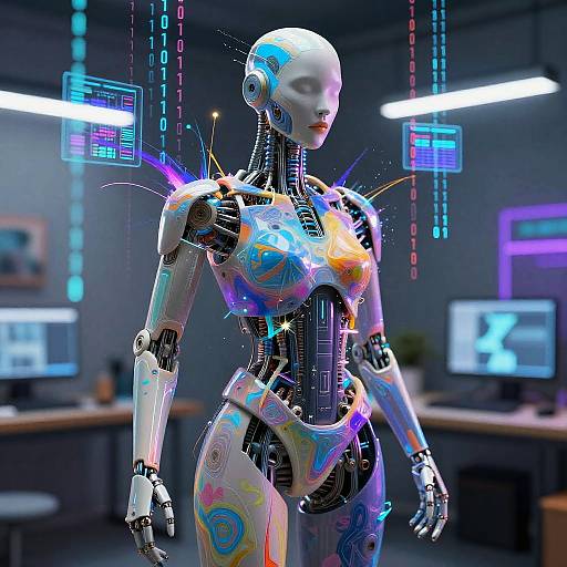 CGI image of a colorful, neon-lit, futuristic female robot with glowing circuits, standing in a modern, tech-filled office. Background includes desks