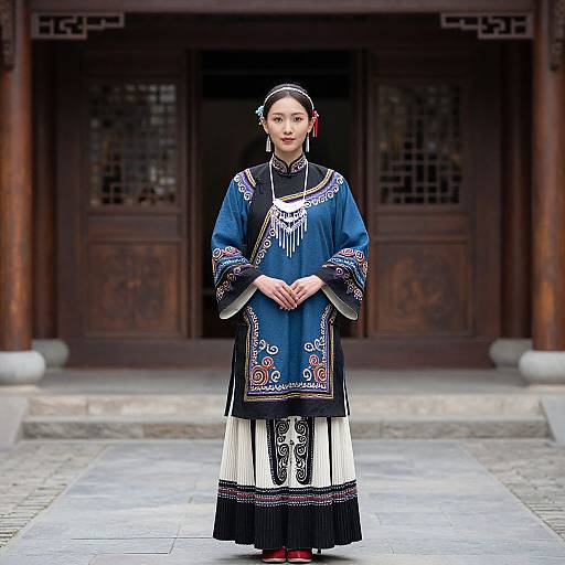 Photograph of an East Asian woman in traditional blue and black embroidered Chinese dress, standing in front of a wooden temple entrance.