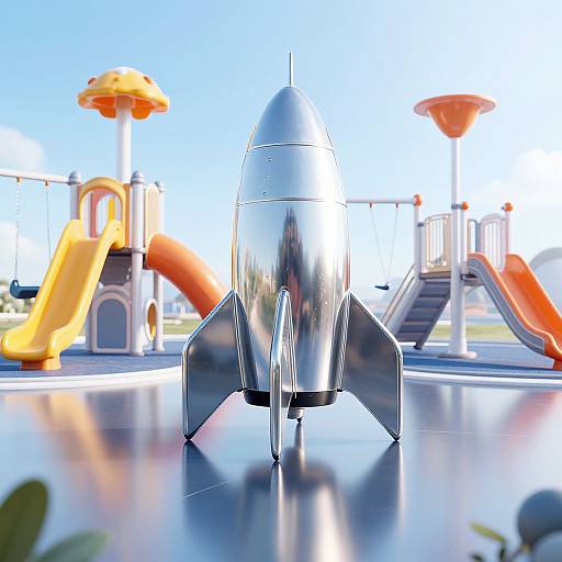 Photorealistic CGI: Shiny silver rocket in center, reflecting surroundings, surrounded by colorful playground equipment—slides, climbing structures—under clear blue sky