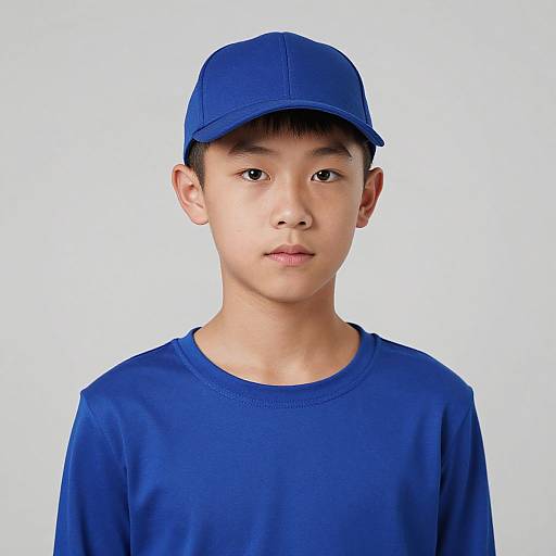 Photograph of a young Asian boy with straight black hair, wearing a blue baseball cap and matching blue shirt, against a white background.