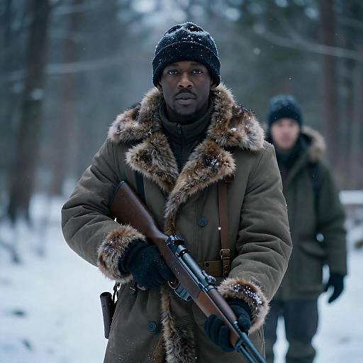 Blue-Toned Snowy Portrait with Rifle