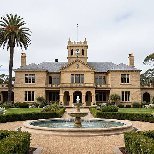 Photograph of a grand, beige stone mansion with a central clock tower, arched windows, and a circular fountain in the foreground, flanked by