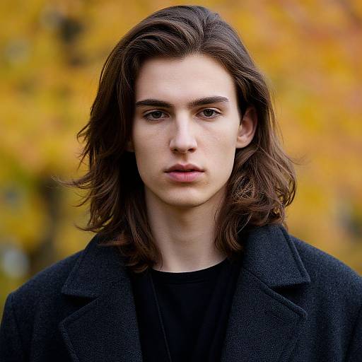 Photograph of a young man with long, dark brown hair, fair skin, and intense brown eyes, wearing a black coat, against a blurred autumn