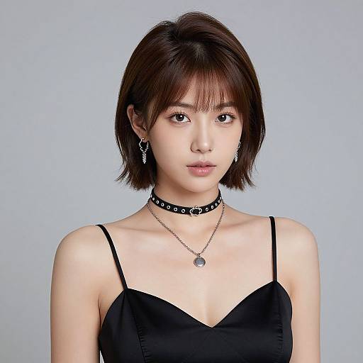Photograph of an East Asian woman with short brown hair, wearing a black choker, thin-strapped black top, and silver earrings, against a