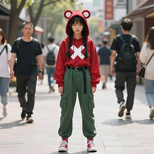 Young girl in bear-eared hoodie on urban street