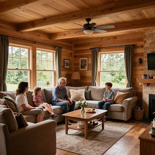 Photograph of a cozy log cabin living room with wooden ceiling and walls, four people sitting on beige sofas, sunlight through windows, wooden coffee table,