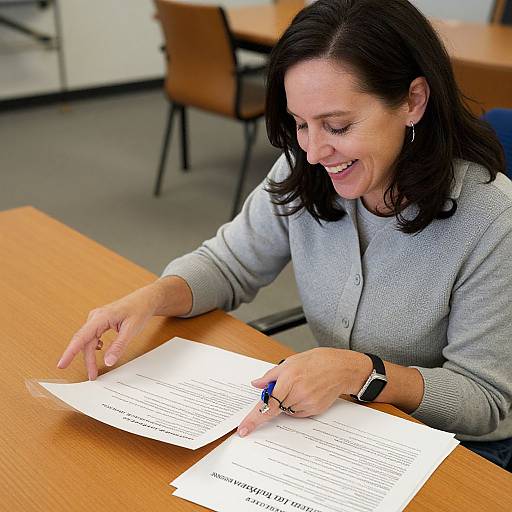 Photograph of a smiling middle-aged woman with dark hair, wearing a gray sweater and black watch, pointing at a document on a wooden table in a