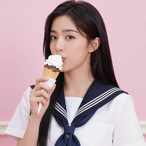 Asian Woman in Sailor Uniform Eating Ice Cream