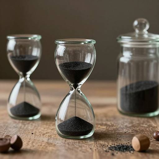 Photograph of three glass hourglasses with black sand, one in the foreground, two in the background, and a glass jar with a lid on