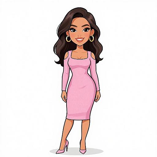Digital cartoon of a smiling woman with long black hair, wearing a pink off-shoulder dress, pink high heels, and large hoop earrings, standing