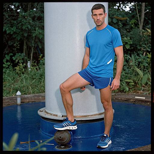 Photograph of a fit, handsome man in blue athletic gear, standing one leg up on a white column, with a soccer ball at his feet,