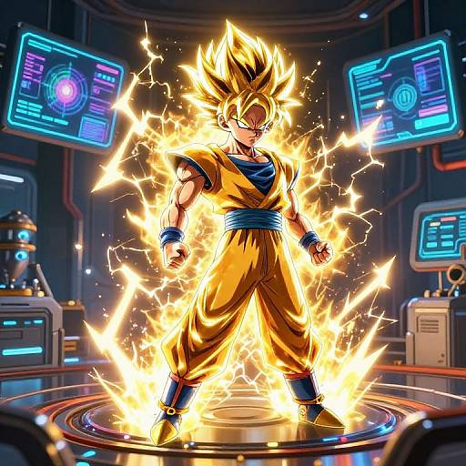 Digital illustration of Super Saiyan Goku standing in a fiery circle, surrounded by electric bolts, in a high-tech lab with glowing blue screens.