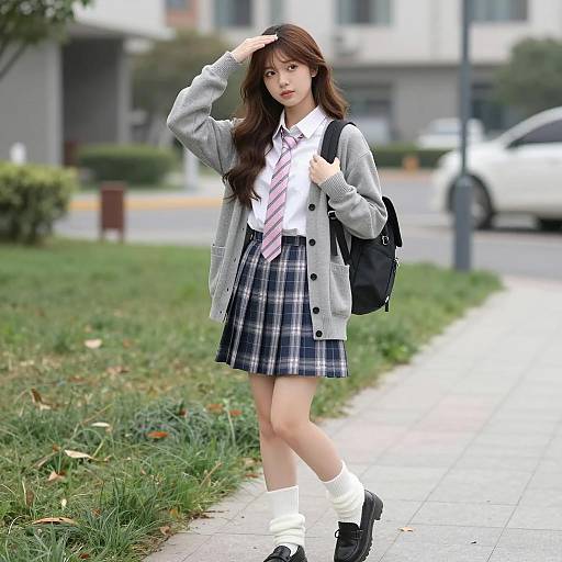 Asian Schoolgirl in Casual Uniform on Sidewalk
