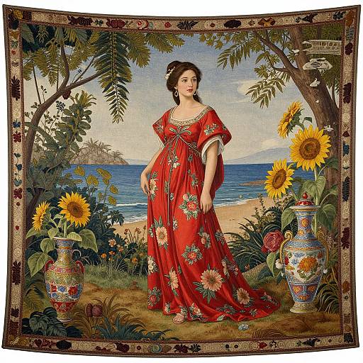 Classical Woman in Floral Coastal Tapestry