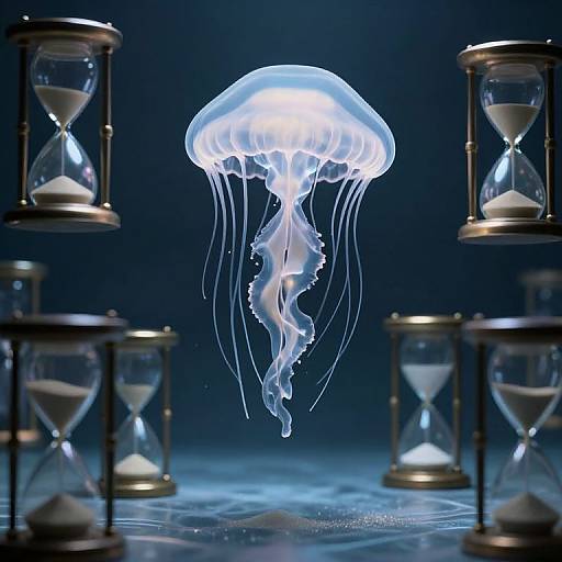 Photograph of a glowing, translucent jellyfish centered between gold hourglasses, set against a dark blue background, creating a contrast between fleeting time and