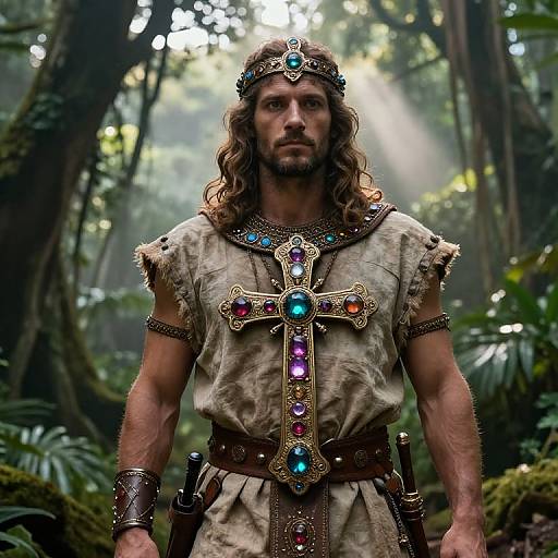 Photograph of a muscular, long-haired man with a serious expression, wearing a jeweled crown, medieval tunic, and ornate cross necklace,