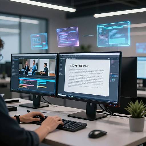 Photograph of a modern office with a white desk, two monitors displaying a live video and text, glowing blue interface icons, and a person typing.