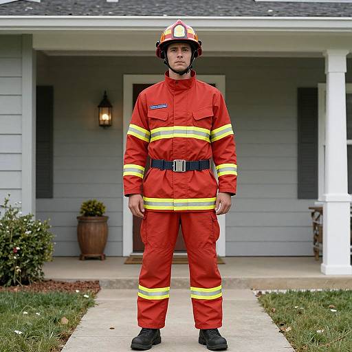 Photograph of a male firefighter standing in front of a gray house, wearing a red uniform with yellow stripes, black belt, and helmet, on a