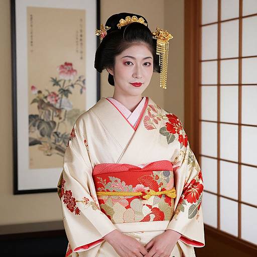 Photograph of a young Japanese woman in a traditional beige and red floral kimono, adorned with gold hair ornaments, standing in a traditional room with sh