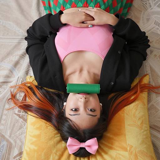 Vibrant Asian Woman on Colorful Bed