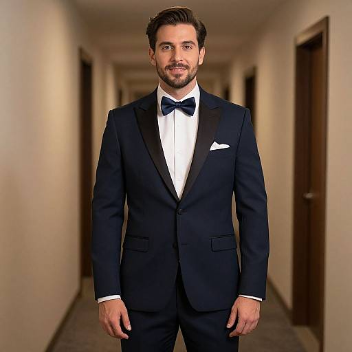 Photograph of a handsome man with short brown hair and beard, wearing a black tuxedo with bow tie, standing in a dimly lit hallway