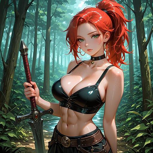 Red-Haired Girl in Nature with Weapon