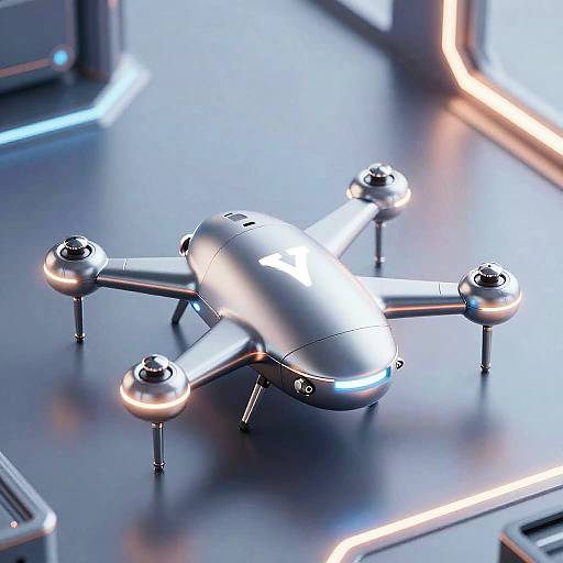 Photorealistic CGI of a sleek, silver quadcopter drone with glowing lights, hovering on a futuristic, illuminated metallic surface.