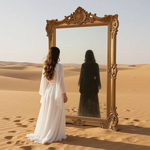 Photograph of a woman in a white, flowing robe standing in a desert, facing an ornate, gold-framed mirror reflecting her dark, w