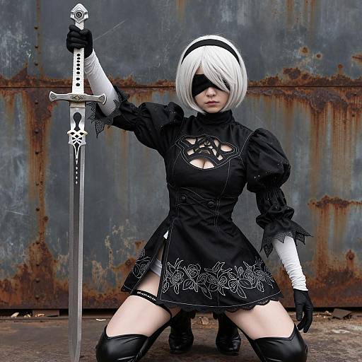 Female Cosplayer in 2B Costume Holding Sword