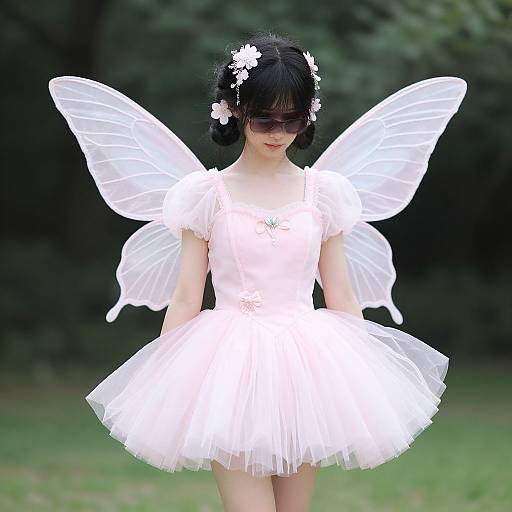 Photograph of a young Asian woman in a white, fairy-like dress with translucent wings, black hair, and white flower hairpiece, standing in a