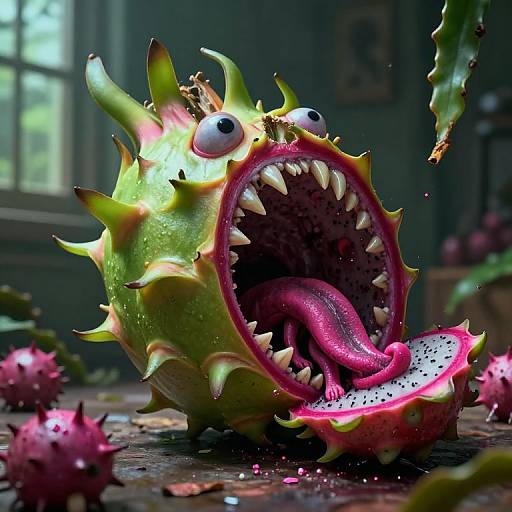 Photorealistic CGI: Spiky, green dragon fruit with large eyes, wide-open mouth revealing sharp teeth, and a pink tongue, devouring a
