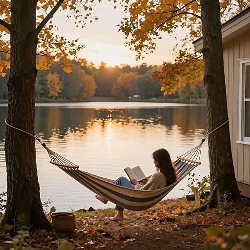 Photograph of a woman with long brown hair reading in a striped hammock by a serene lake at sunset, surrounded by autumn leaves and trees.