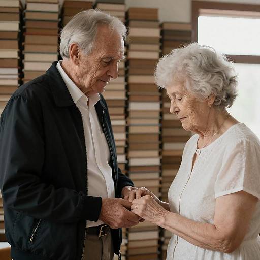 Elderly Couple Amid Stacks of Books