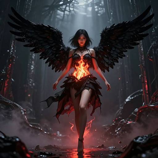 Digital artwork of a fierce, black-winged demoness with fiery chest, tattered black dress, running through a dark, misty forest. Red