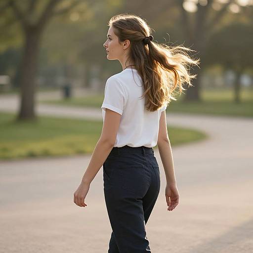 Photograph of a young woman with long brown hair in a ponytail, wearing a white t-shirt and black pants, walking on a sunlit park