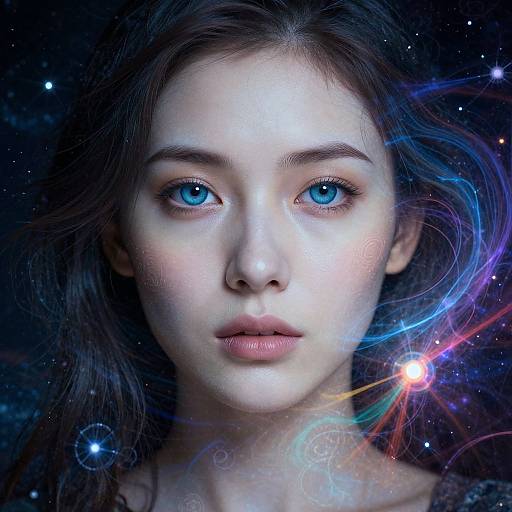 Digital portrait of a young woman with vivid blue eyes, pale skin, and brown hair, surrounded by cosmic patterns and starlight.