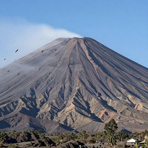 Photograph of a tall, conical volcano with steep, dark gray slopes and visible ridges, topped by a white cloud. Black birds fly near