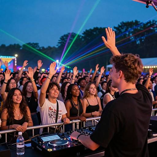 Photograph of a DJ at an outdoor evening concert, crowd of diverse young adults cheering with raised hands, colorful stage lights in the background.