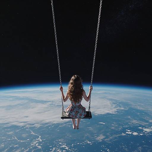 Photograph of a girl with long brown hair, wearing a floral dress, sitting on a swing with metal chains, floating above Earth, viewed from space