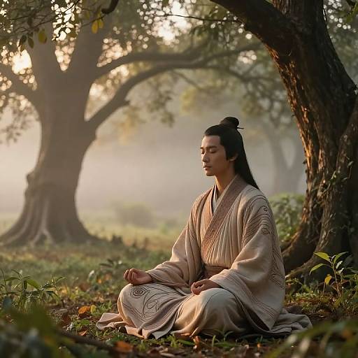 Photograph of an Asian woman with dark hair in a bun, wearing a beige, patterned kimono, meditating outdoors beside a large tree in