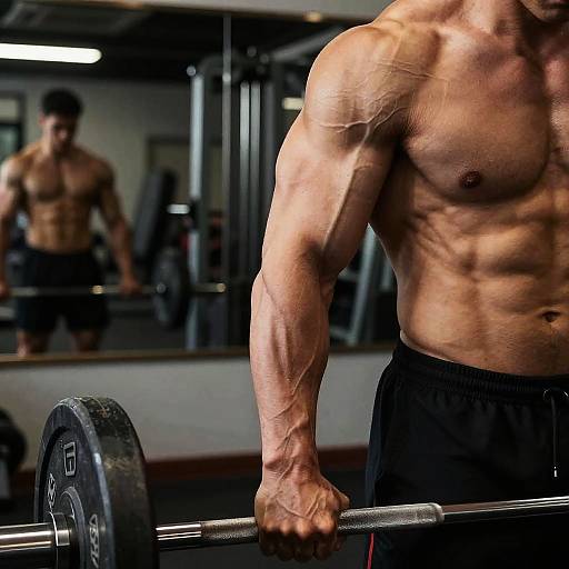 Photograph of a muscular, shirtless man with tan skin, black shorts, and defined abs, gripping a barbell in a dimly lit gym