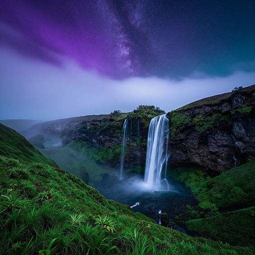 Photograph of a vibrant, dual-waterfall cascade on a lush, green cliff surrounded by mist, under a dramatic, purple-hued, starry