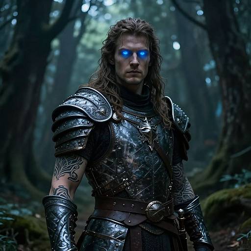 Photograph of a muscular, long-haired man with glowing blue eyes, wearing detailed silver armor and dark tattoos, standing in a misty, dense forest