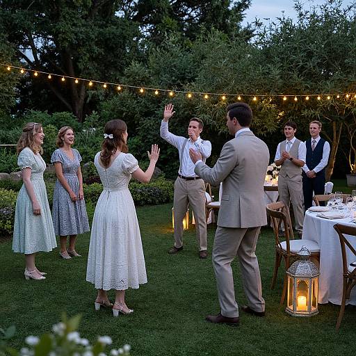 Photograph of a garden wedding reception with six guests, six men in suits, three women in dresses, string lights, lantern, and round tables under