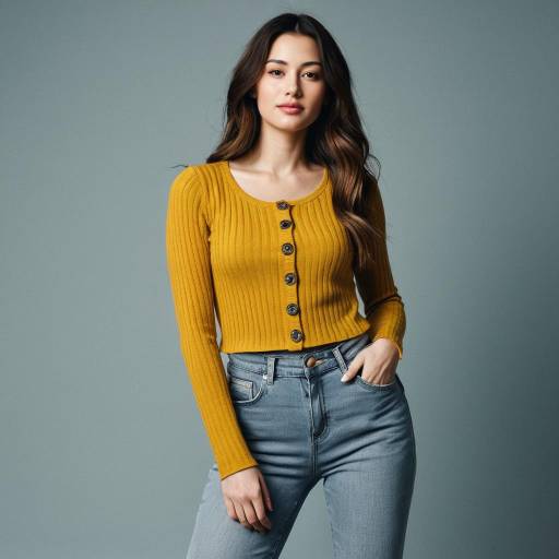 Woman in Mustard Yellow Ribbed Knit Top and Light Wash Jeans