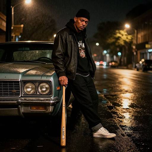 Photograph of a serious African-American man in a black hoodie, jacket, and white sneakers, holding a wooden baseball bat by a wet, rain-so