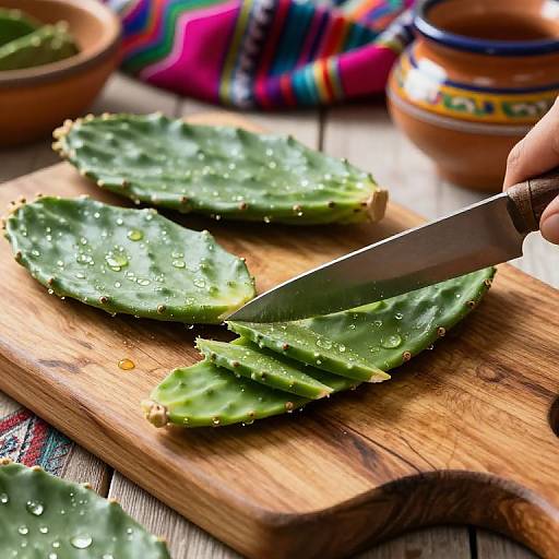 Photograph of a hand slicing fresh, green aloe vera leaves with a knife on a wooden cutting board, surrounded by colorful textiles and a ceramic pot