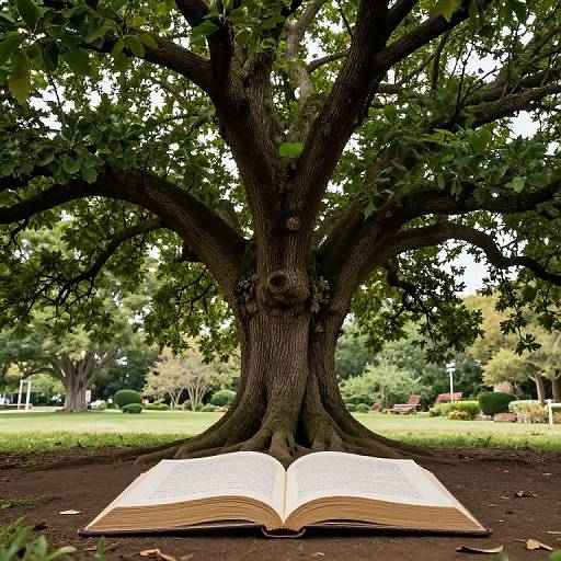 Photograph of a massive tree with a wide trunk, large green leaves, and an open, glowing book at its base in a lush, green park