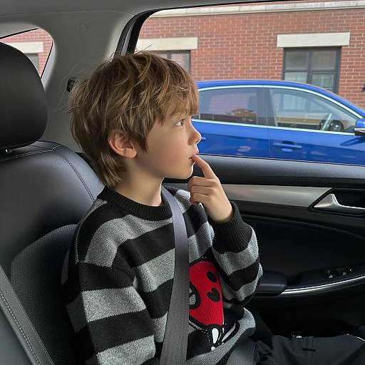 Young Boy Sitting in Car Backseat